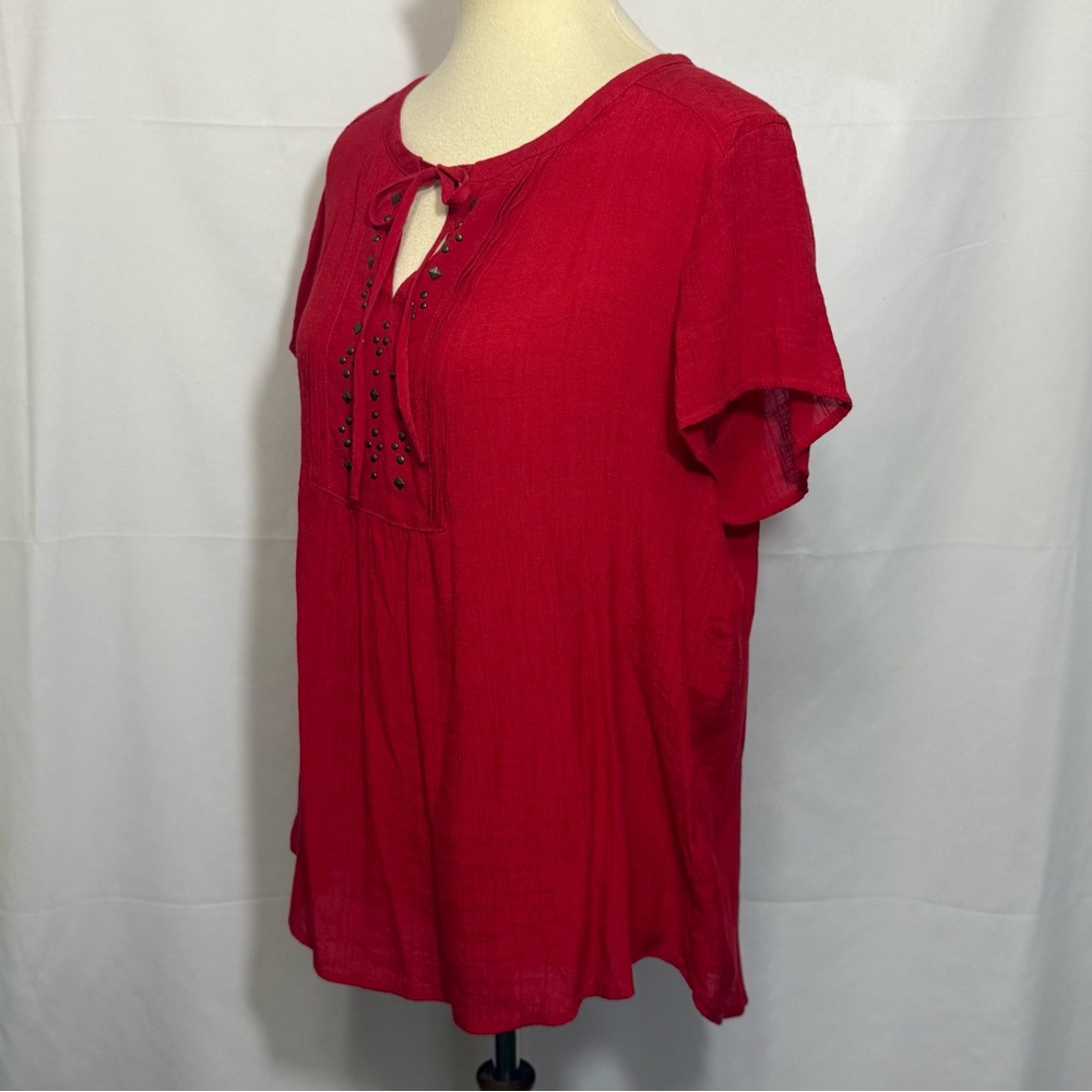 Liz Claiborne Size Large Red Short Sleeve Tie Front Blouse - Picture 5 of 12